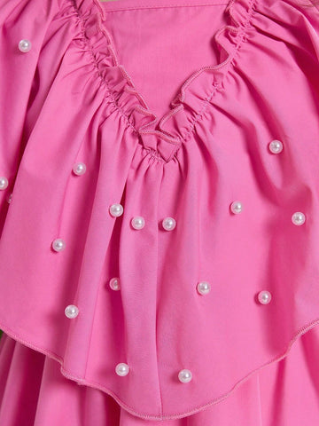 Young Girl Woven Solid Color V-Neck Ruffle Hem Casual Dress With Bead Decoration