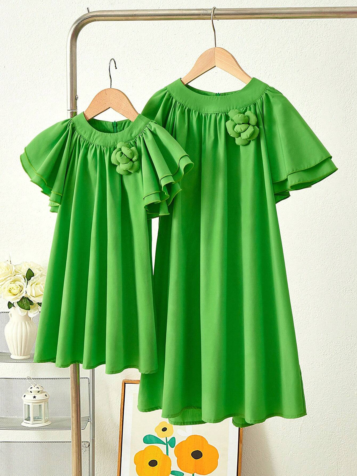 Young Girl Woven Solid Ruffle Fitted Casual Dress