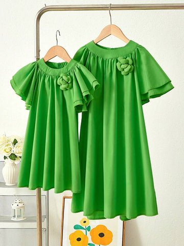 Young Girl Woven Solid Ruffle Fitted Casual Dress