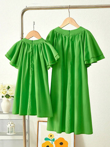 Young Girl Woven Solid Ruffle Fitted Casual Dress