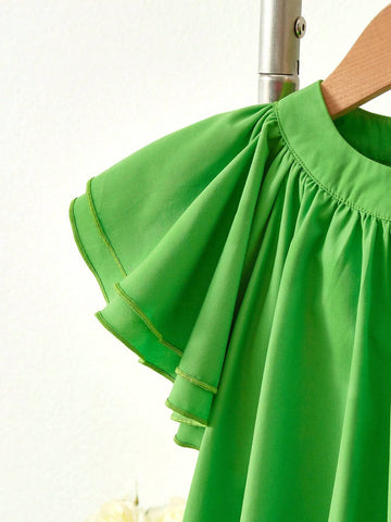 Young Girl Woven Solid Ruffle Fitted Casual Dress