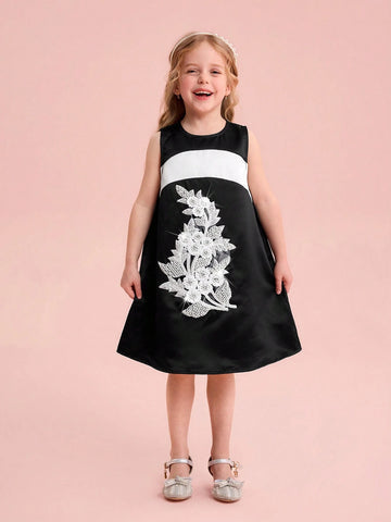 Young Girl Woven Splice Round Neck Sleeveless Form-Fitting Dress