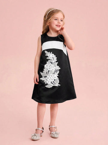 Young Girl Woven Splice Round Neck Sleeveless Form-Fitting Dress
