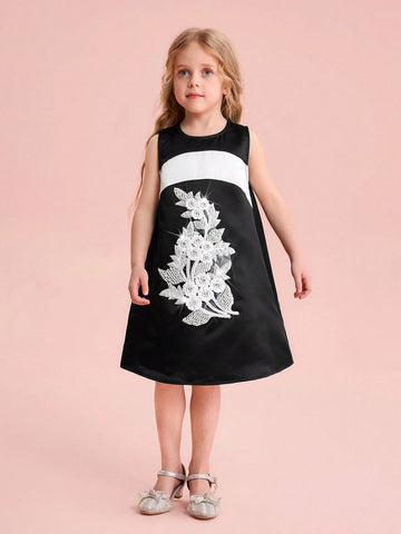 Young Girl Woven Splice Round Neck Sleeveless Form-Fitting Dress