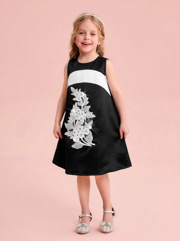 Young Girl Woven Splice Round Neck Sleeveless Form-Fitting Dress