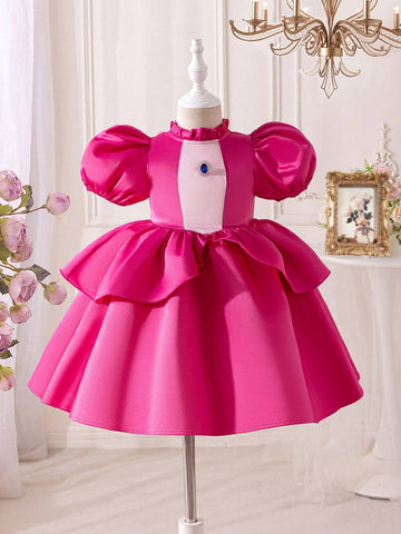 Young Girl Woven Stand Collar Puff Sleeve Elegant Dress
