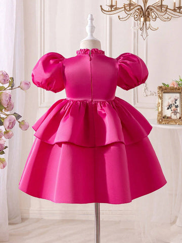 Young Girl Woven Stand Collar Puff Sleeve Elegant Dress