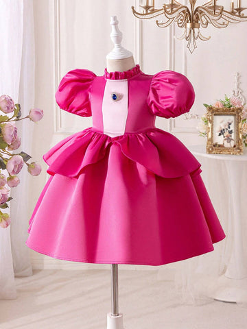 Young Girl Woven Stand Collar Puff Sleeve Elegant Dress