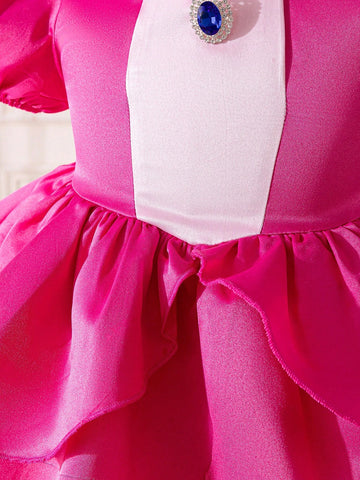 Young Girl Woven Stand Collar Puff Sleeve Elegant Dress