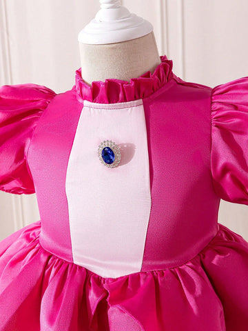 Young Girl Woven Stand Collar Puff Sleeve Elegant Dress