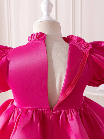 Young Girl Woven Stand Collar Puff Sleeve Elegant Dress