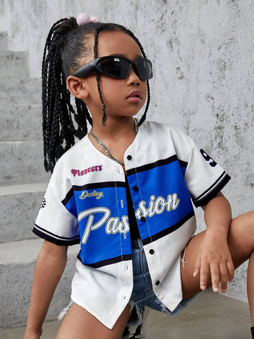 Young Girl Woven Street Style Loose Fit Casual Outerwear Shirt With Letter Graphic Print