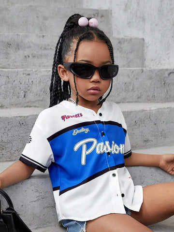 Young Girl Woven Street Style Loose Fit Casual Outerwear Shirt With Letter Graphic Print