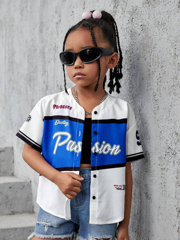 Young Girl Woven Street Style Loose Fit Casual Outerwear Shirt With Letter Graphic Print