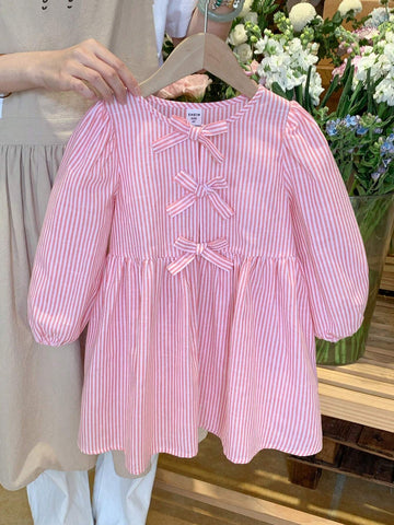 Young Girl Woven Striped Blouson Sleeve Loose Casual Shirt Dress,Bow Shirt Dress,Autumn And Winter,Great For Casual & Daily Wear & School Daily