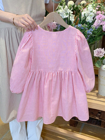 Young Girl Woven Striped Blouson Sleeve Loose Casual Shirt Dress,Bow Shirt Dress,Autumn And Winter,Great For Casual & Daily Wear & School Daily