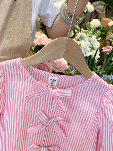 Young Girl Woven Striped Blouson Sleeve Loose Casual Shirt Dress,Bow Shirt Dress,Autumn And Winter,Great For Casual & Daily Wear & School Daily
