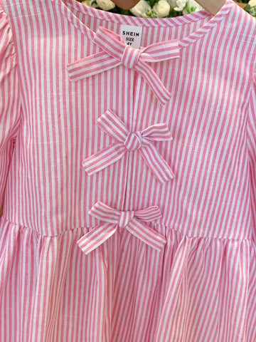 Young Girl Woven Striped Blouson Sleeve Loose Casual Shirt Dress,Bow Shirt Dress,Autumn And Winter,Great For Casual & Daily Wear & School Daily