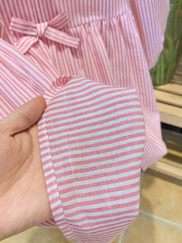 Young Girl Woven Striped Blouson Sleeve Loose Casual Shirt Dress,Bow Shirt Dress,Autumn And Winter,Great For Casual & Daily Wear & School Daily