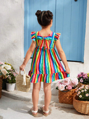 Young Girl Woven Striped Bow-Tie Cap Sleeve One-Piece Holiday Dress