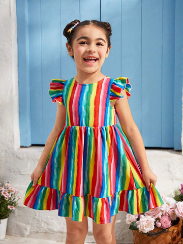 Young Girl Woven Striped Bow-Tie Cap Sleeve One-Piece Holiday Dress