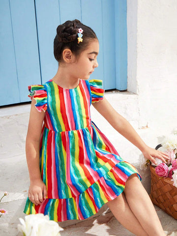 Young Girl Woven Striped Bow-Tie Cap Sleeve One-Piece Holiday Dress