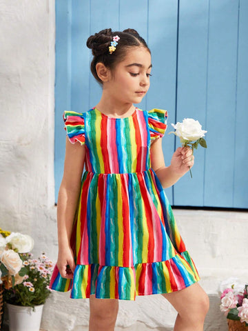 Young Girl Woven Striped Bow-Tie Cap Sleeve One-Piece Holiday Dress