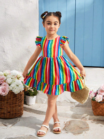 Young Girl Woven Striped Bow-Tie Cap Sleeve One-Piece Holiday Dress