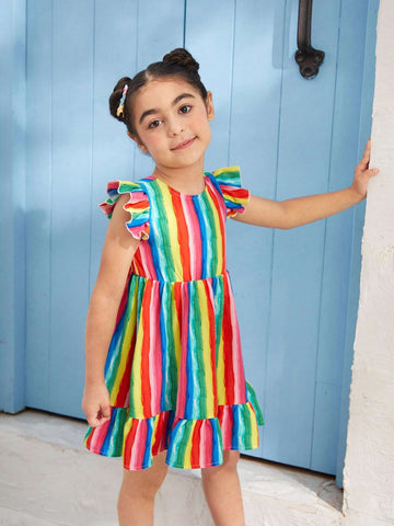 Young Girl Woven Striped Bow-Tie Cap Sleeve One-Piece Holiday Dress