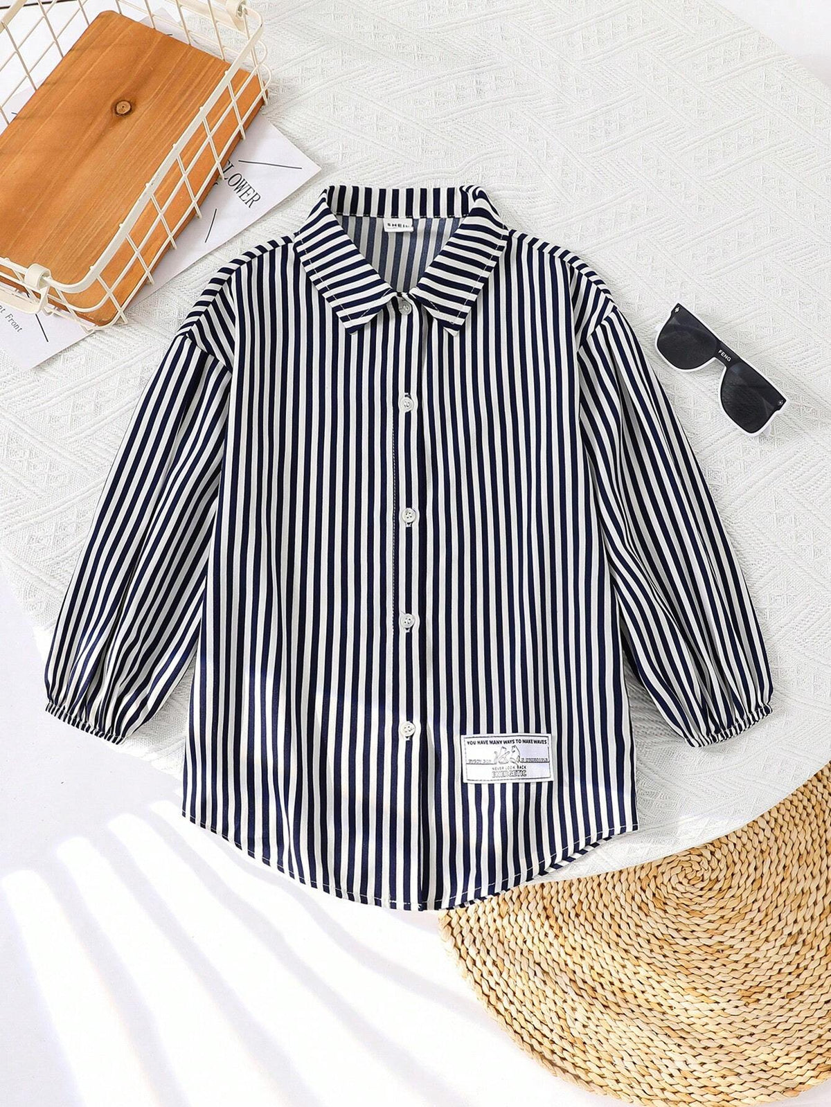Young Girl Woven Striped Lapel Loose Casual Shirt