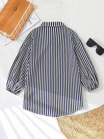 Young Girl Woven Striped Lapel Loose Casual Shirt