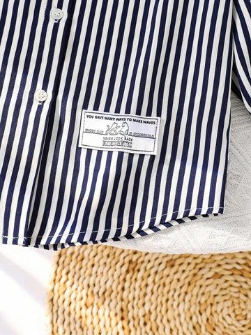 Young Girl Woven Striped Lapel Loose Casual Shirt