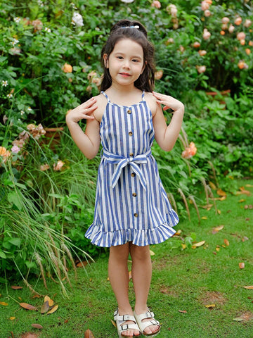 Young Girl Woven Striped Loose Casual Sling Dress