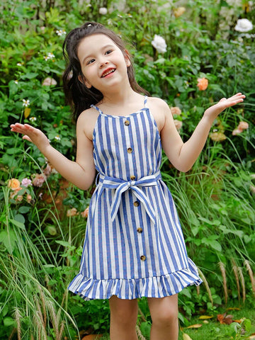 Young Girl Woven Striped Loose Casual Sling Dress