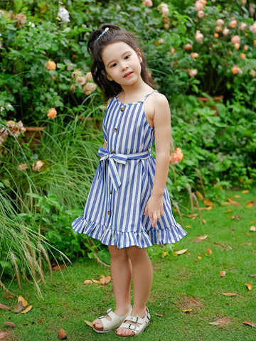 Young Girl Woven Striped Loose Casual Sling Dress