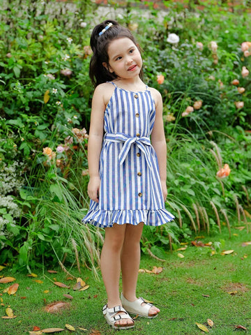 Young Girl Woven Striped Loose Casual Sling Dress