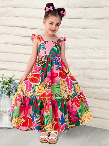 Young Girl Woven Tropical Floral Square Neck Fitted Camisole Dress