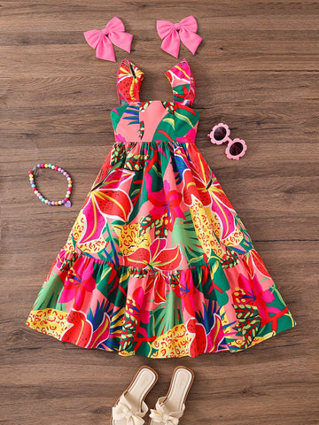 Young Girl Woven Tropical Floral Square Neck Fitted Camisole Dress