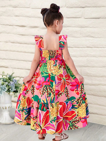 Young Girl Woven Tropical Floral Square Neck Fitted Camisole Dress