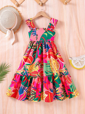 Young Girl Woven Tropical Floral Square Neck Fitted Camisole Dress