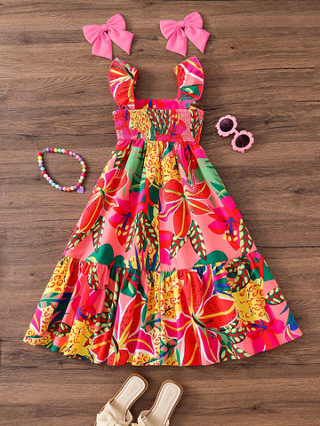 Young Girl Woven Tropical Floral Square Neck Fitted Camisole Dress