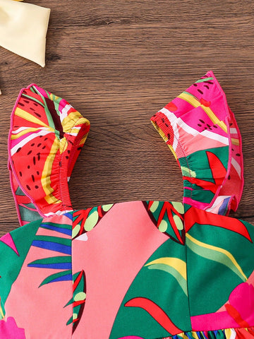 Young Girl Woven Tropical Floral Square Neck Fitted Camisole Dress