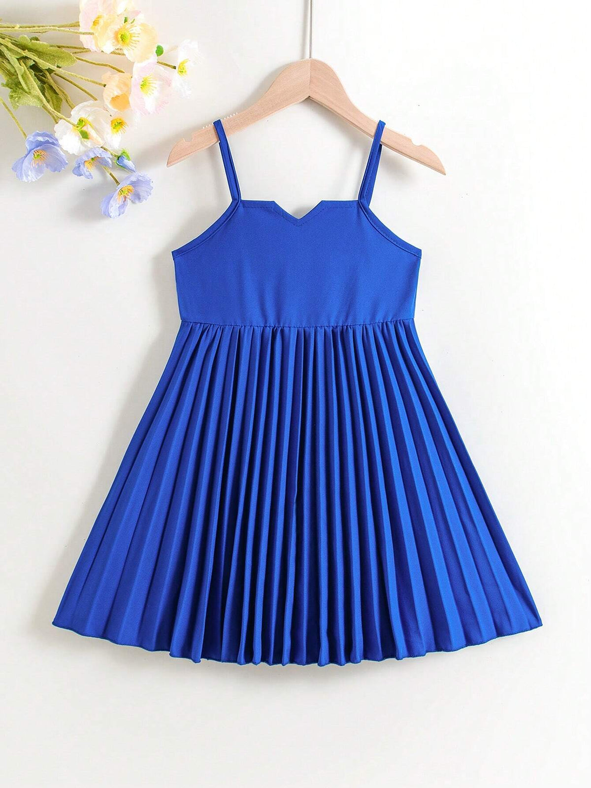 Young Girl Woven V-Neck Design Pleated Hem Swing Dress, Spring/Summer