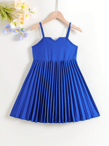 Young Girl Woven V-Neck Design Pleated Hem Swing Dress, Spring/Summer