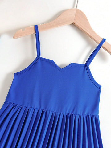 Young Girl Woven V-Neck Design Pleated Hem Swing Dress, Spring/Summer