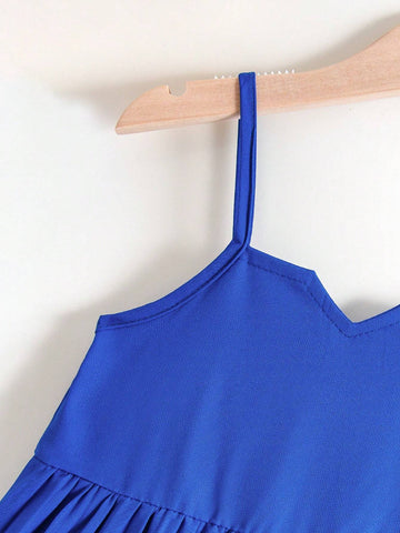 Young Girl Woven V-Neck Design Pleated Hem Swing Dress, Spring/Summer