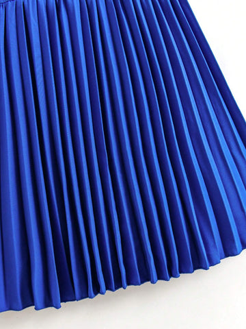Young Girl Woven V-Neck Design Pleated Hem Swing Dress, Spring/Summer