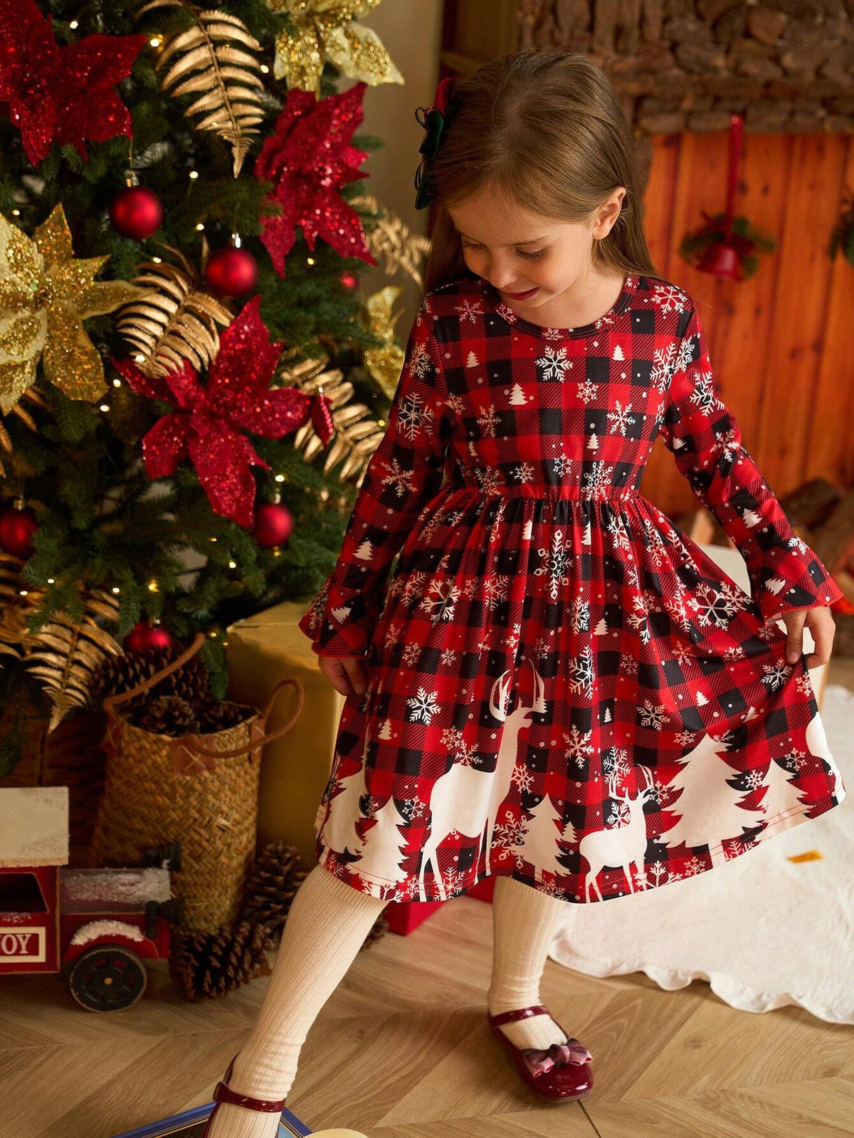 Young Girl' Xmas Santa Dress, Cute Snowy Forest Deer Plaid Stretch Dress, Suitable For Holiday Casual Party, Autumn/Winter