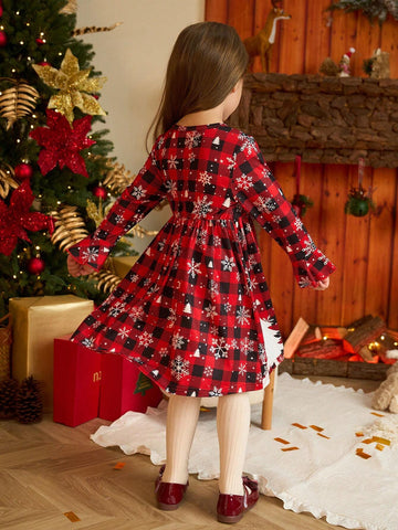 Young Girl' Xmas Santa Dress, Cute Snowy Forest Deer Plaid Stretch Dress, Suitable For Holiday Casual Party, Autumn/Winter