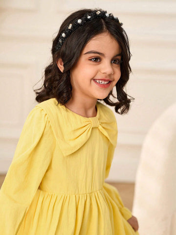Young Girl Yellow Bow Collar Long Sleeve Casual All-Match Versatile Dress